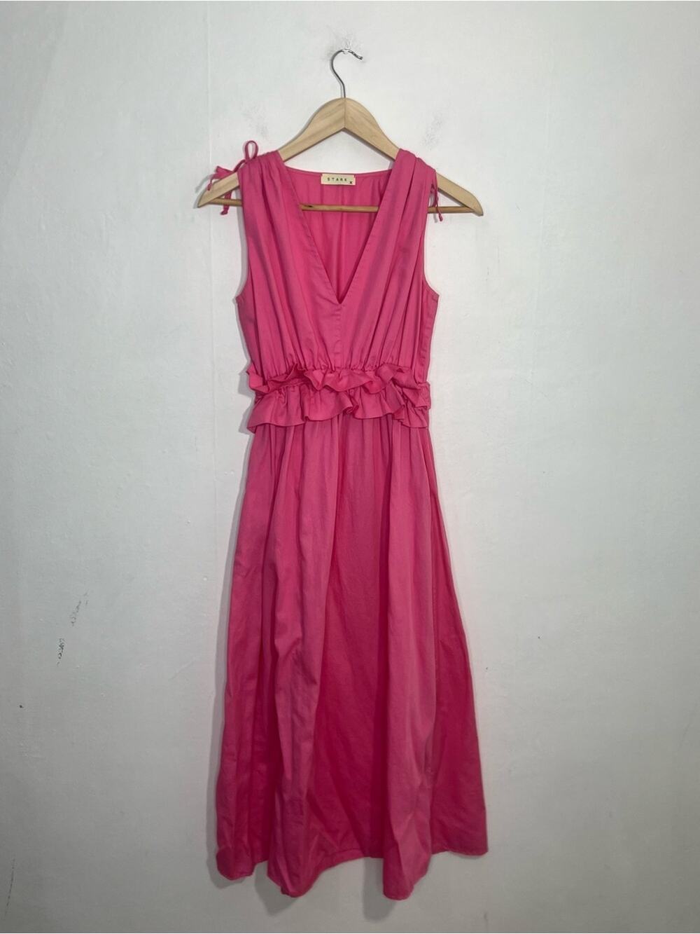 Stark X Pink Ginny Midi Elastic Waist Cotton V Neck Pockets Dress Size Small